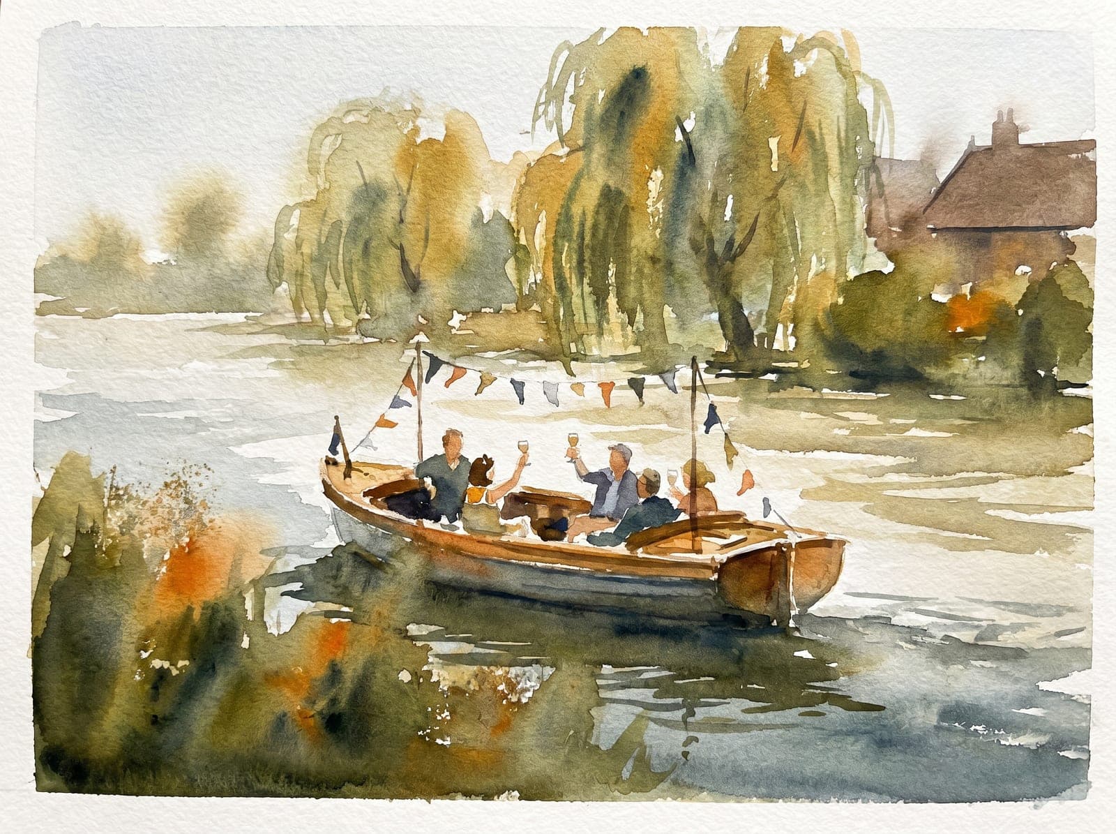 Watercolour of friends aboard a small wooden boat strung with bunting, raising their glasses on the Thames.