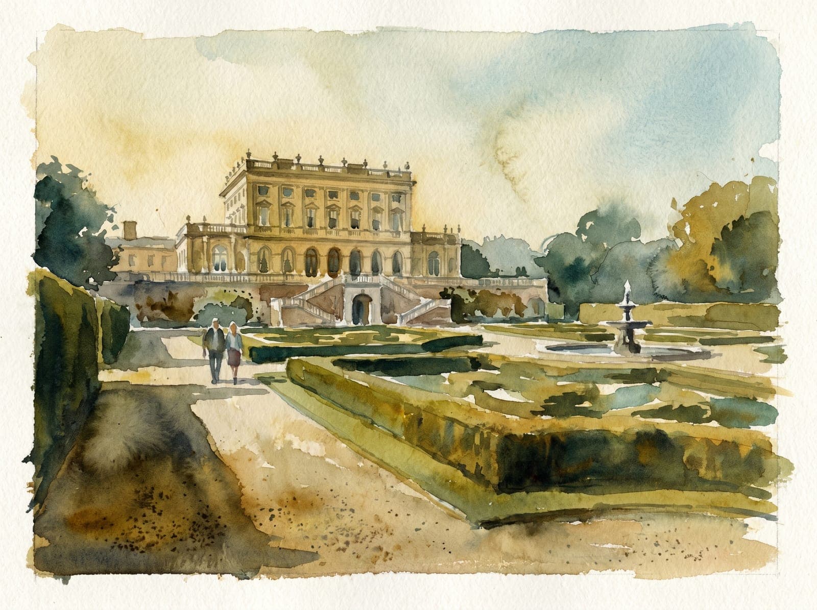 Watercolour of Cliveden House rising above its formal parterre gardens.
