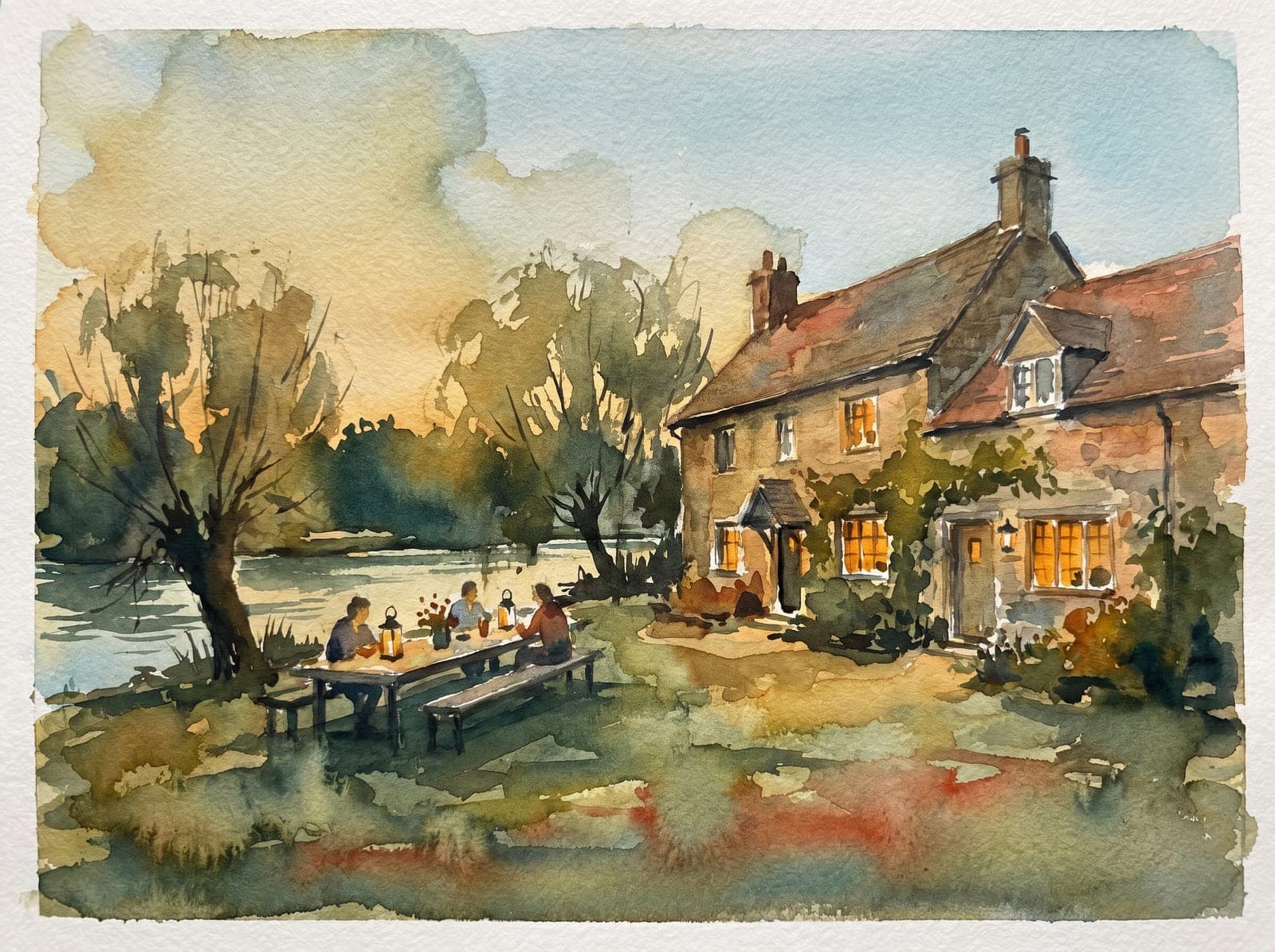 Watercolour of a riverside house in Cookham at dusk, with a long table laid for dinner in the garden.