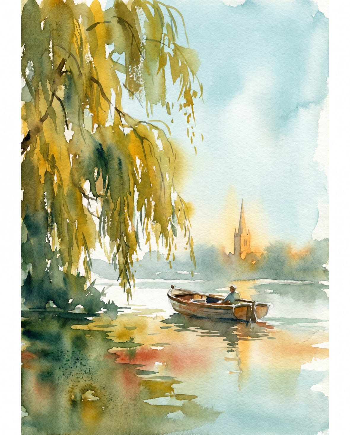 Watercolour of the River Thames near Bray at golden hour, willows draping over calm reflective water.